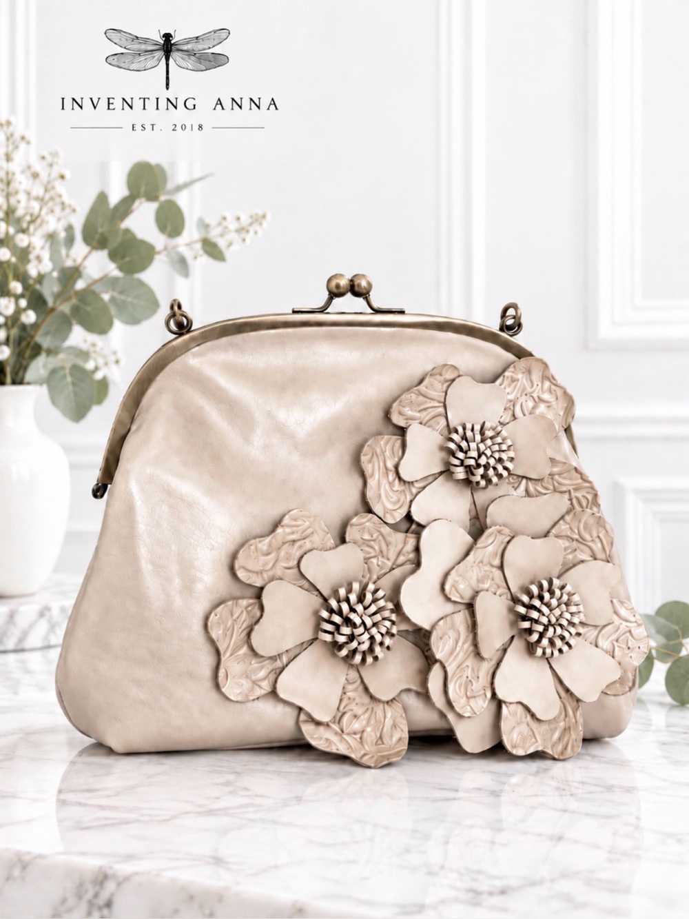 Patricia Nash 3D Floral Applique Leather Crossbody Kiss Lock Bag